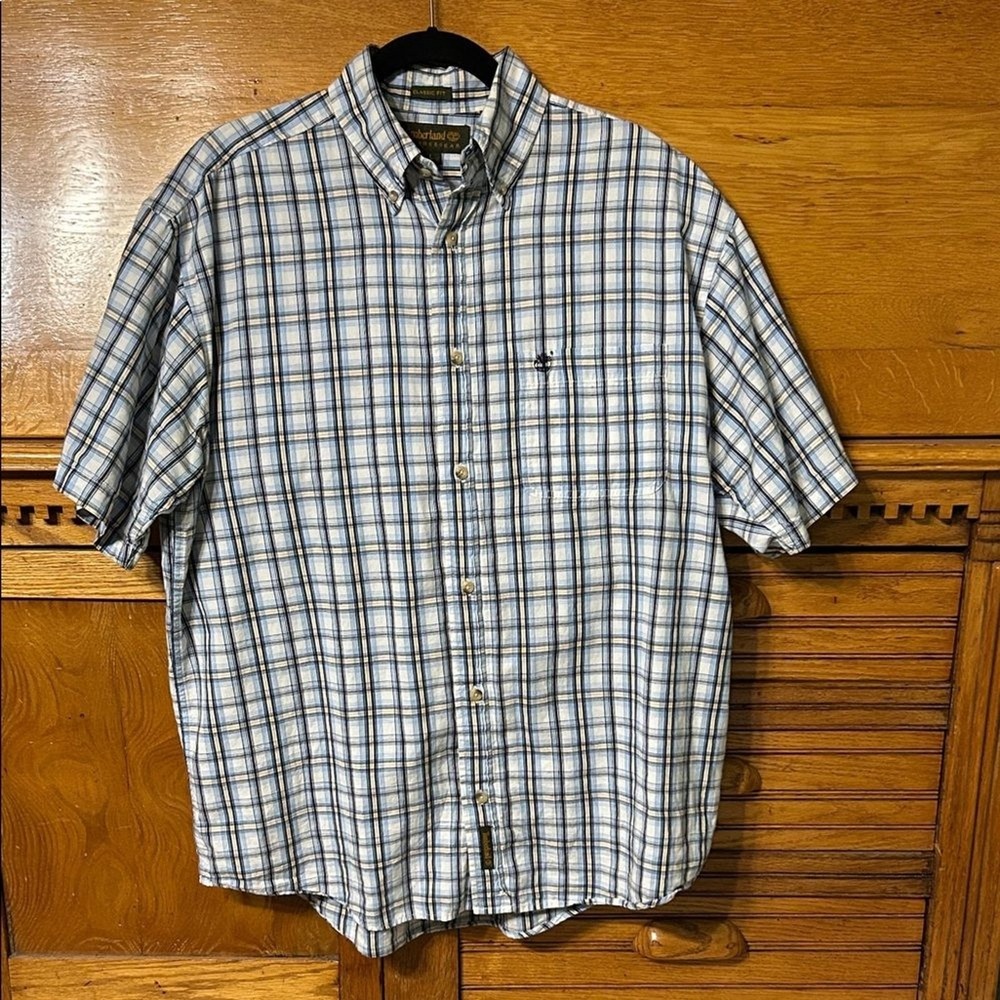 Timberland Y2K Grunge Weathergear Mens Blue Plaid Short Sleeve Button Down Shirt